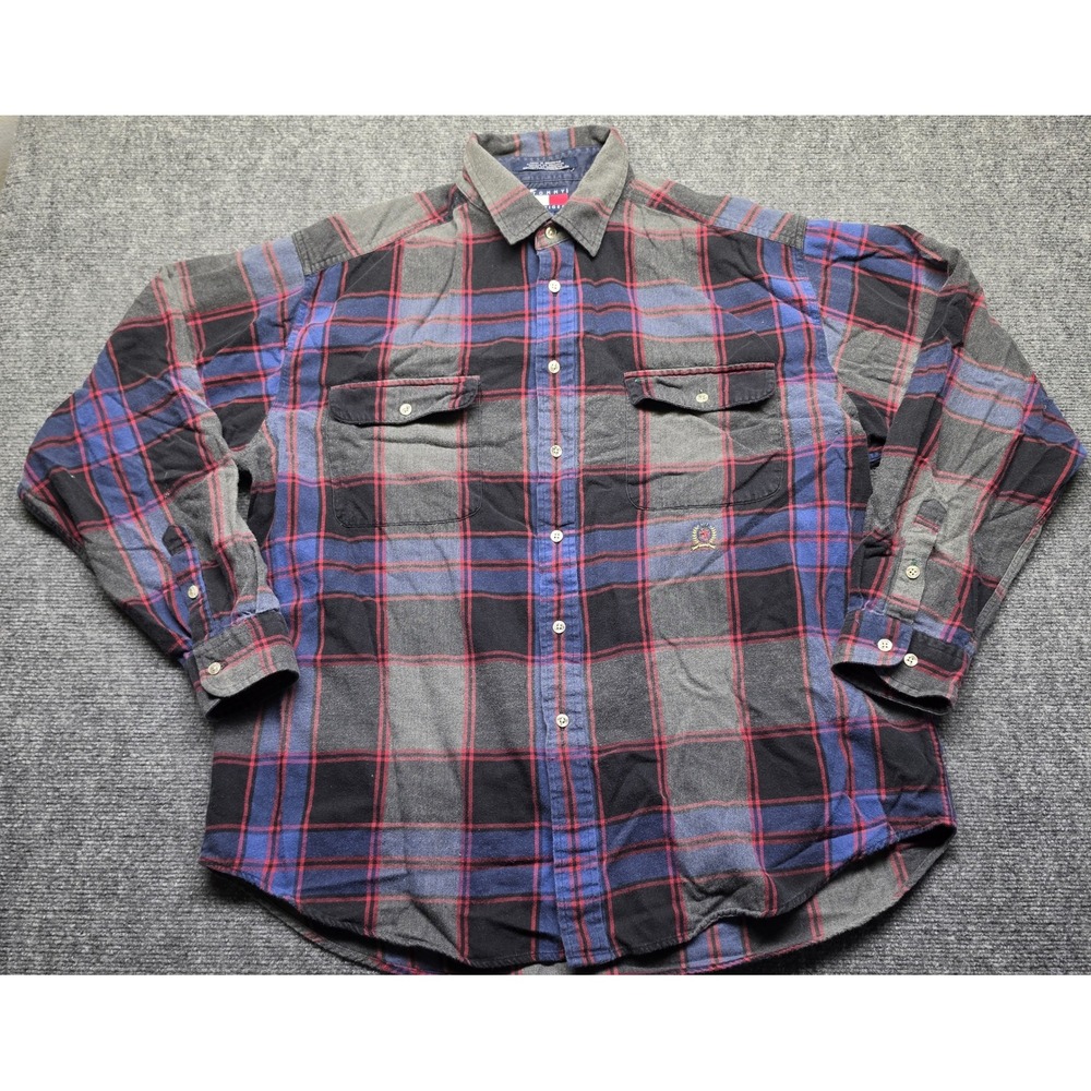 Vintage Tommy Hilfiger Mens XL Plaid Flannel Button Down Shirt Crest Logo - Picture 8 of 11